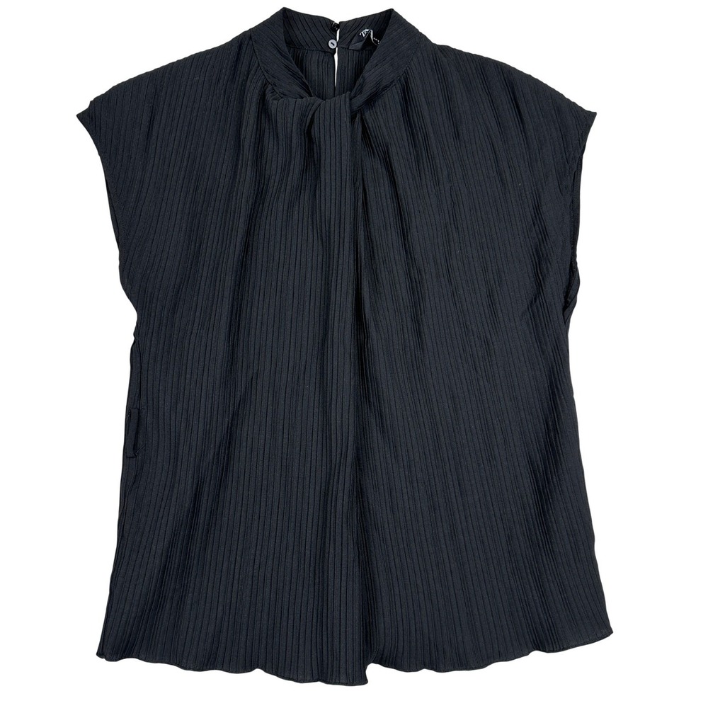 ZARA Plisse Knot Neck Blouse Black Sleeveless Pleated‎ Women's  size S